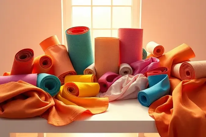 Arranjo artístico de rolos de tecidos coloridos e variados para decoração de interiores sobre uma superfície neutra.