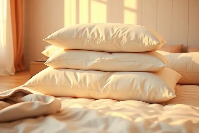 Renderização 3D de travesseiros macios empilhados em uma cama com iluminação quente e acolhedora.