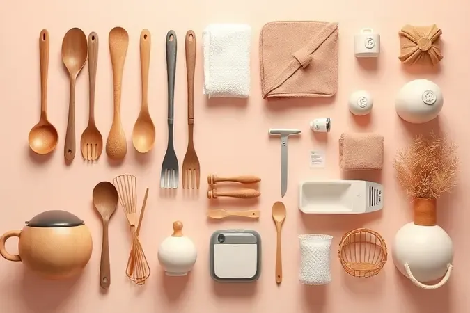 Render 3D de utensílios domésticos e itens de decoração coloridos flutuando em uma composição artística para lista de presentes.
