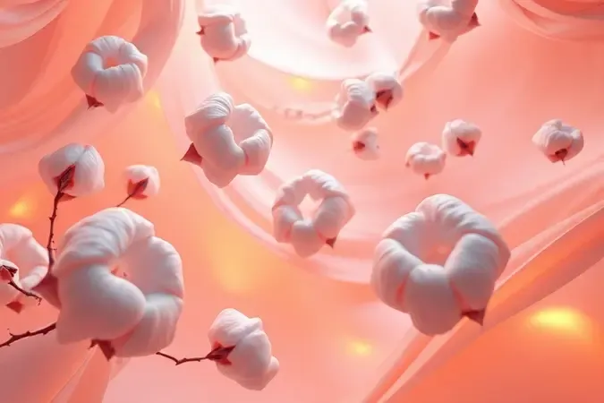 Elementos têxteis conceituais flutuando em um ambiente iluminado, representando materiais de alta qualidade para enxoval de cama.