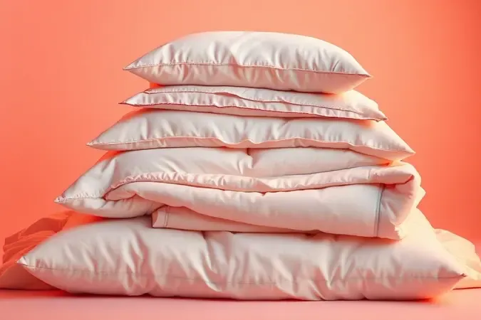Conjunto de roupas de cama luxuosas, lençóis e travesseiros macios empilhados de forma organizada.