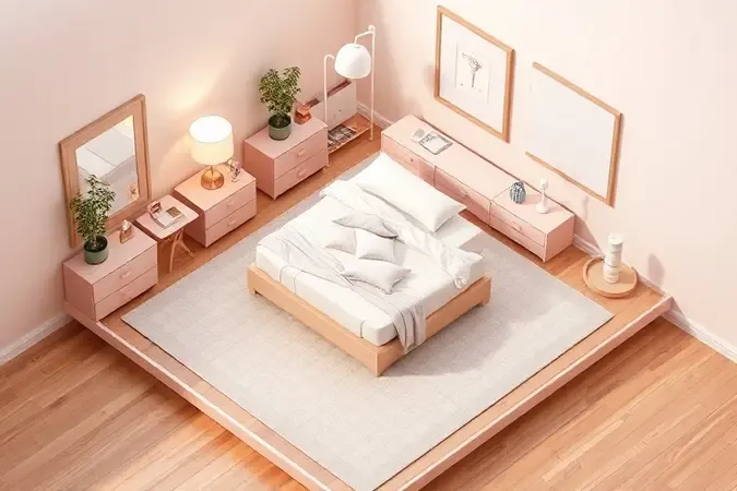 Ilustração 3D de layout de quarto moderno destacando o espaço de circulação livre ao redor de uma cama grande.