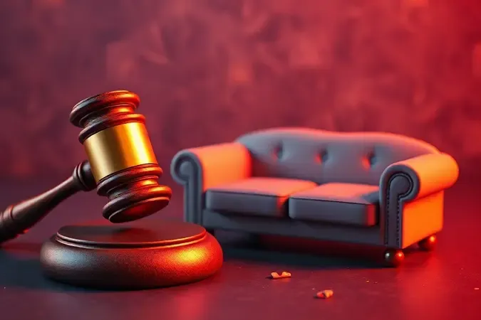 Ilustração 3D de um martelo de juiz e um sofá em miniatura, representando a legislação e as multas ambientais para descarte irregular.