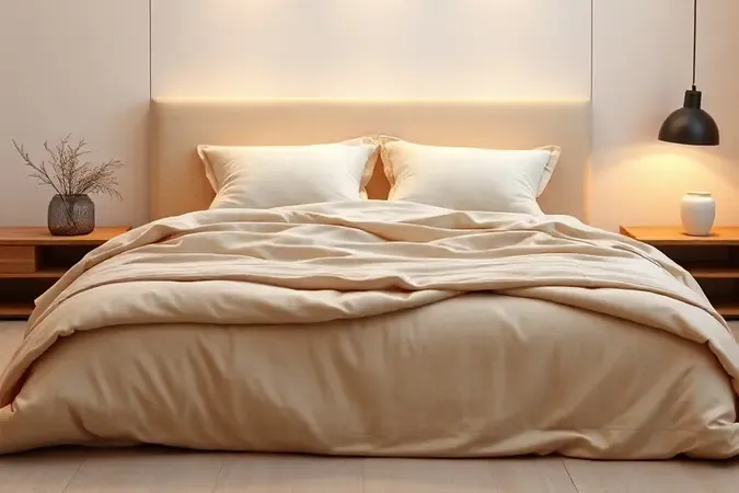 Mantas e almofadas em tons pastéis organizadas em uma cama confortável e bem decorada.