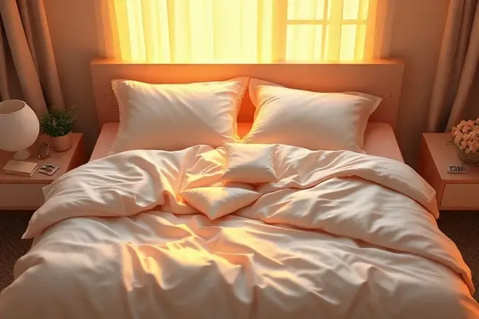 Cama perfeitamente arrumada com lençóis brancos e iluminação acolhedora de fim de tarde.