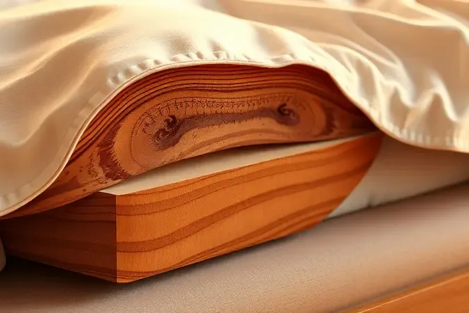 Ilustração 3D focada nos materiais e na estrutura interna de uma base de cama, com texturas de madeira e tecido.