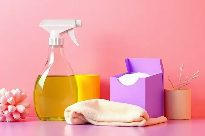 Composição estilizada de frascos de spray e produtos de limpeza caseiros em tons vibrantes de azul e amarelo.