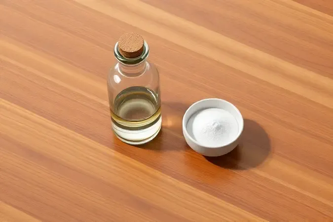 Renderização 3D de recipientes conceituais representando ingredientes naturais de limpeza dispostos em uma superfície de madeira sob luz suave.