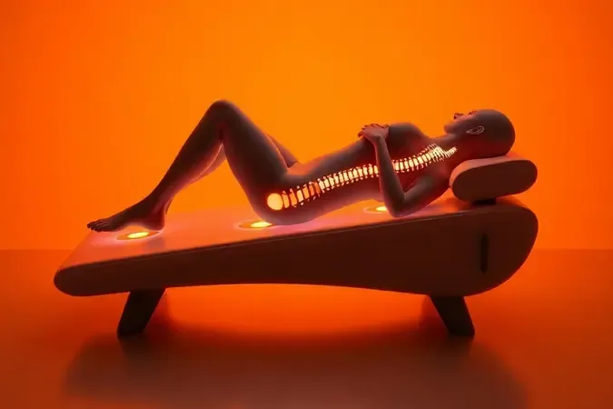 Ilustração 3D de suporte ergonômico mostrando o alinhamento da coluna em uma superfície de repouso confortável.