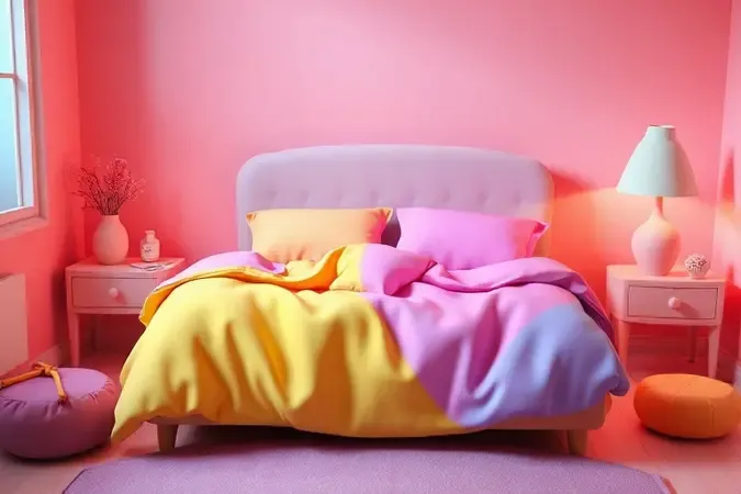 Cama infantil estilizada com lençóis coloridos e lúdicos em um ambiente acolhedor renderizado em 3D.