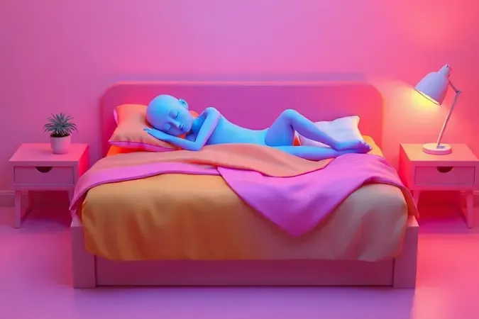Desenho 3D de uma pessoa dormindo de lado em um colchão confortável com cores vibrantes.