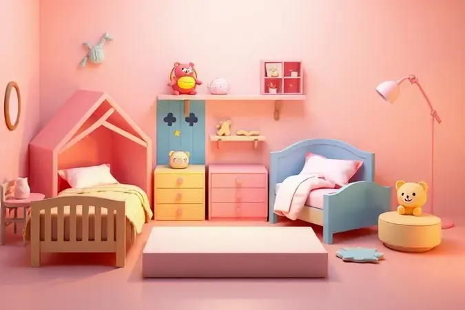 Ilustração 3D conceitual de diferentes modelos de camas infantis e montessorianas coloridas em um ambiente lúdico.