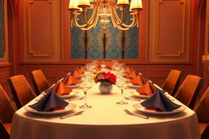 Mesa posta elegante com pratos minimalistas e decoração sofisticada para receber convidados.