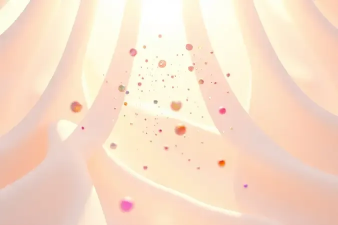 Representação conceitual 3D de partículas coloridas flutuando sobre uma superfície de tecido sob a luz solar.