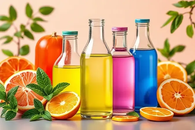 Frascos conceituais com soluções de limpeza caseiras e ingredientes naturais em renderização 3D colorida.