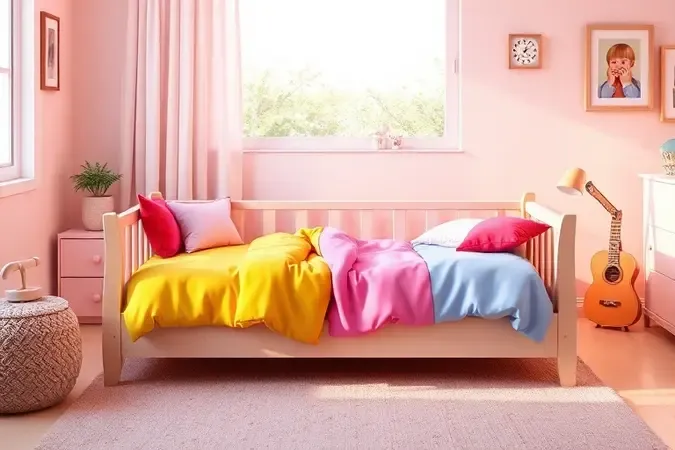 Modelo de cama infantil baixa e segura em um ambiente moderno e colorido para crianças em transição.