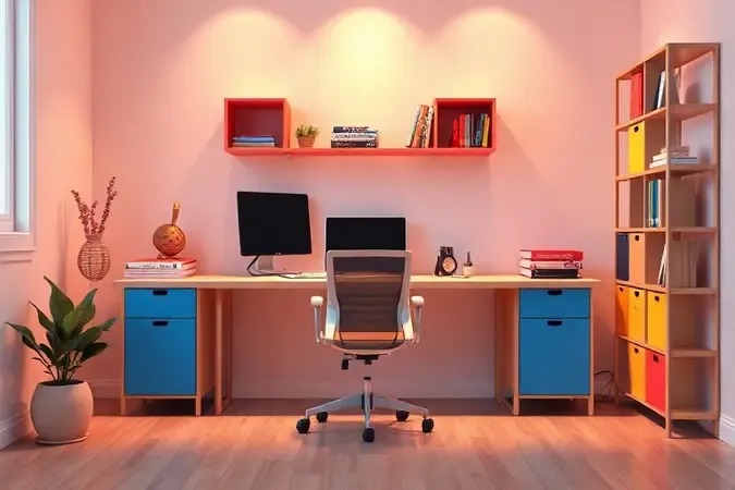 Móveis modernos e funcionais para quarto de solteiro em uma renderização 3D artística e colorida.