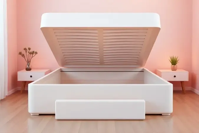 Representação conceitual 3D de uma base de cama box baú aberta mostrando espaço interno de armazenamento amplo.