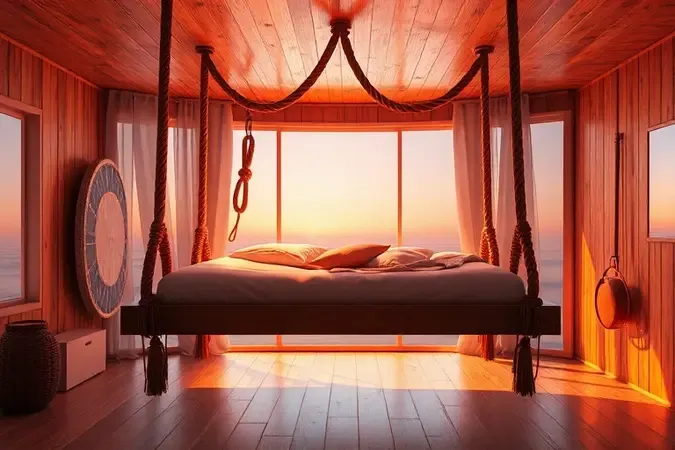 Quarto moderno com cama suspensa por cordas resistentes e luz natural suave entrando pela janela.