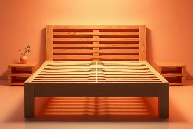 Renderização 3D conceitual de um estrado de madeira moderno e minimalista destacando sua estrutura.