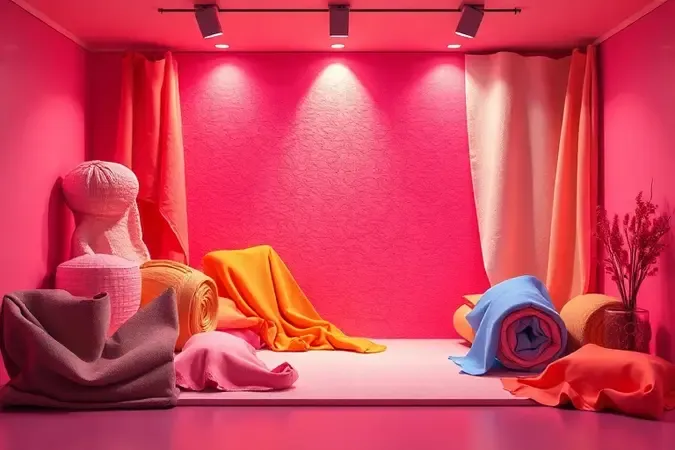Representação 3D de diferentes texturas de tecidos e rolos de pano para escolha de roupa de cama.