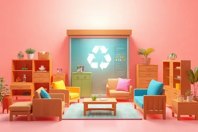 Representação 3D estilizada de ícones de móveis próximos a um ponto de coleta seletiva, ilustrando opções de descarte sustentável.
