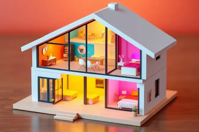 Miniatura de uma casa moderna em 3D com cômodos coloridos para ilustrar o planejamento da organização do novo lar.
