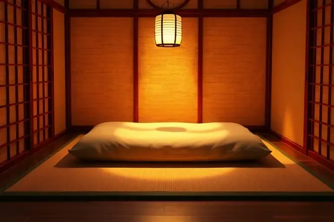 Representação conceitual 3D de um futon tradicional japonês sobre um tapete tatami em um ambiente zen com iluminação suave.