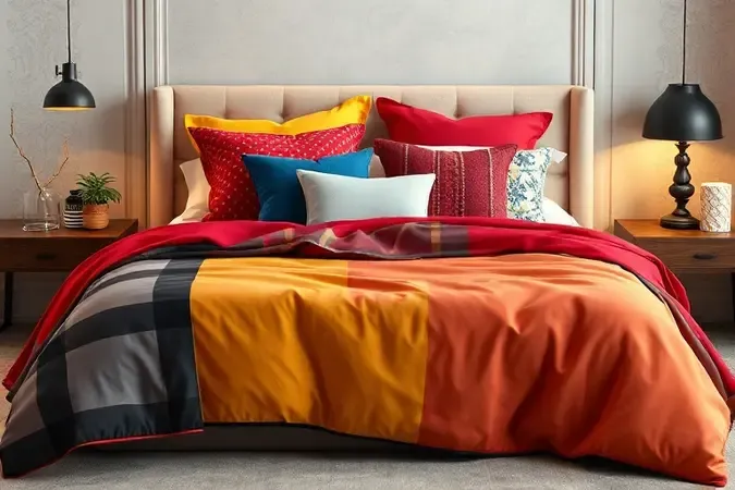 Cama decorada com travesseiros de cores fortes e colchas estampadas criando um ambiente estiloso.