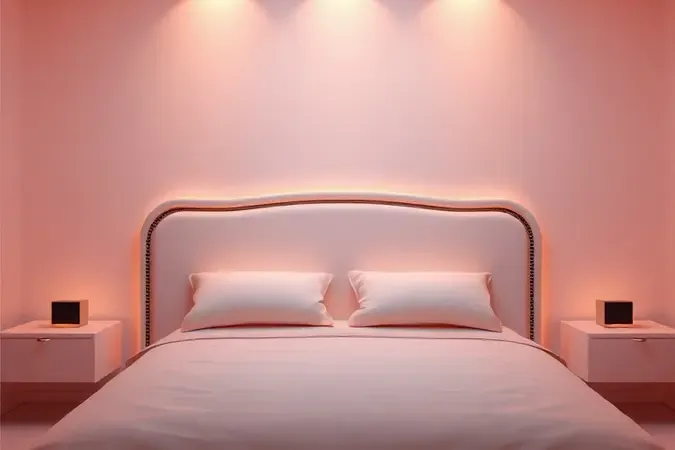 Ilustração 3D de uma cabeceira sendo encaixada em uma parede limpa com iluminação suave.
