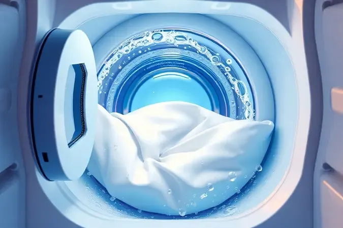 Ilustração 3D conceitual de lençóis brancos e macios flutuando em um ambiente de limpeza com bolhas de água.