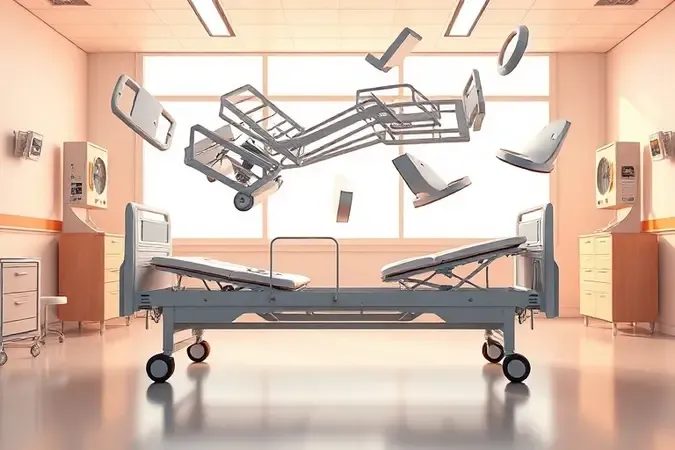 Renderização 3D estilizada da estrutura de uma cama hospitalar em módulos flutuantes com iluminação suave.