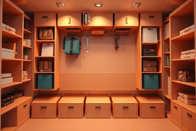 Visão superior de organização interna de cama baú com divisórias e cestos geométricos.