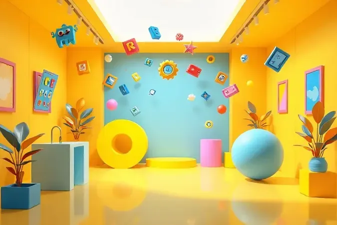 Composição 3D de ícones flutuantes e formas geométricas coloridas em um ambiente iluminado.