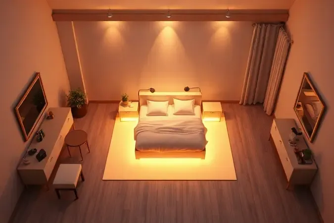 Esquema visual de um quarto demonstrando o espaço livre de circulação ao redor de uma cama de casal.
