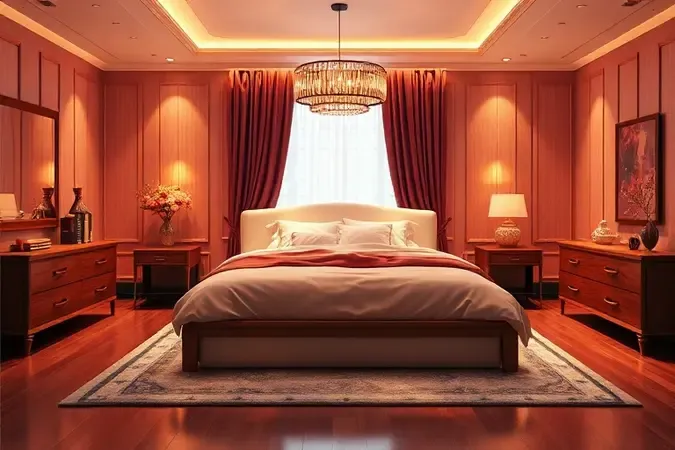 Quarto de casal luxuoso com cama posta em destaque como elemento principal da decoração.
