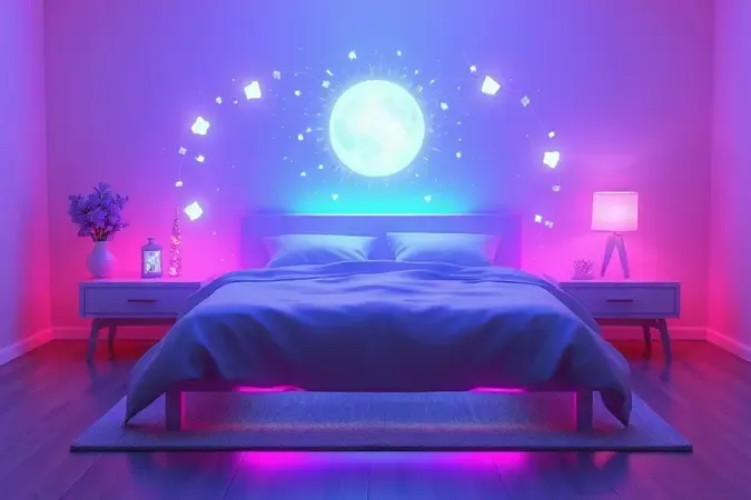 Representação conceitual do fluxo de energia e sono tranquilo em um quarto harmonizado por cores relaxantes.