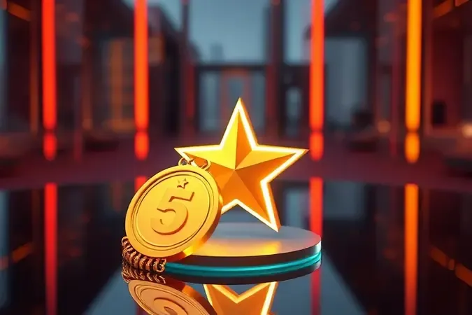 Símbolos conceituais de excelência e qualidade representados em renderização 3D com iluminação dourada e vibrante.