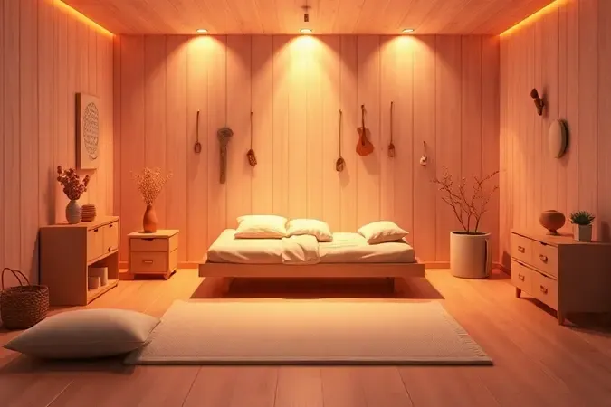Layout de quarto infantil seguro e organizado com cama próxima ao chão, tapetes macios e iluminação acolhedora.