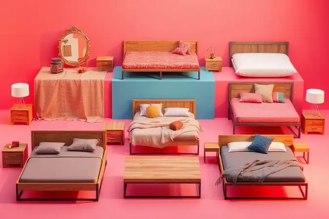 Representação 3D de diferentes modelos e materiais de bases de cama box modernas.