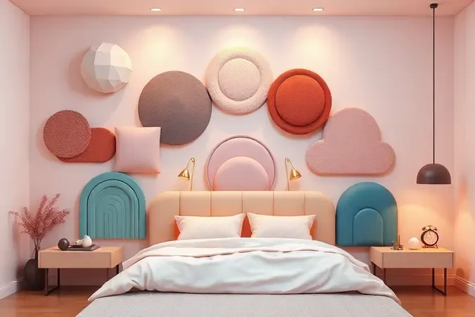 Modelos variados de cabeceiras de cama em 3D com design moderno e cores suaves.