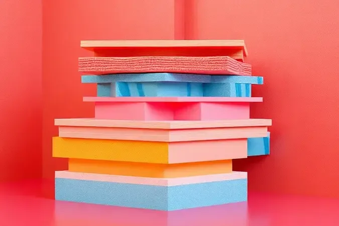 Representação conceitual em 3D de espumas e materiais de construção de móveis em um ambiente abstrato.