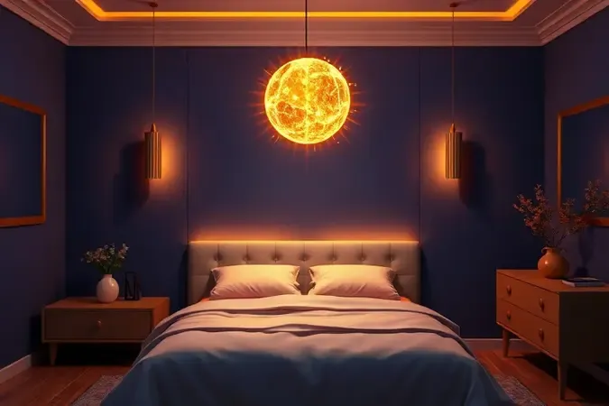 Representação conceitual da primeira vitória do dia ao arrumar a cama com luzes douradas e azuis vibrantes.