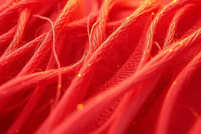 Close-up conceitual de fibras de tecido e fios entrelaçados em renderização 3D com iluminação suave e tons quentes.