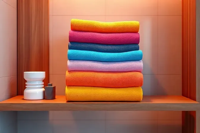 Pilha de toalhas de banho coloridas e macias dobradas em uma prateleira de madeira em estilo 3D vibrante.