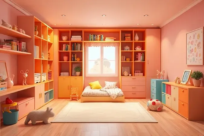 Quarto infantil planejado com organização funcional, cama baixa e espaço para brincar com iluminação quente.