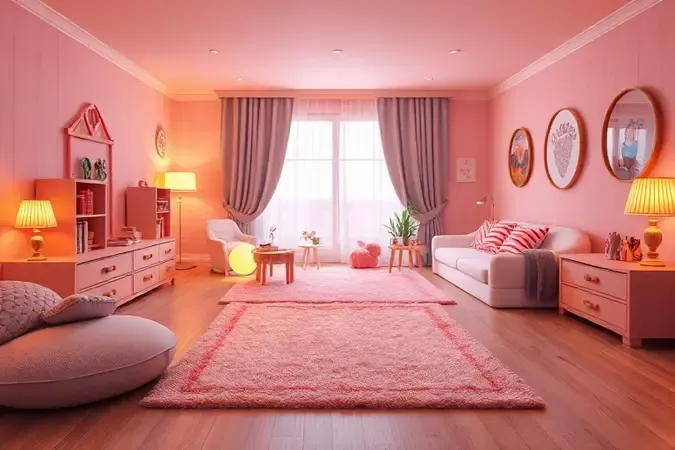 Design de interior infantil focado em segurança e funcionalidade com móveis arredondados e luz suave em 3D.