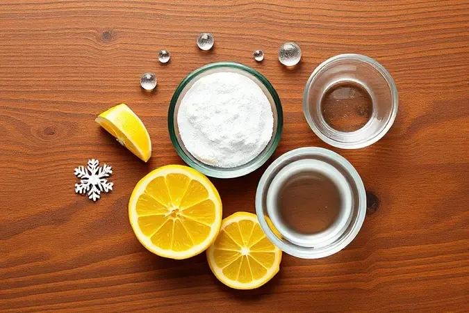 Representação conceitual em 3D de ingredientes naturais de limpeza como bicarbonato e limão sobre uma mesa de madeira.