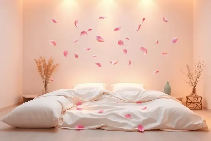 Quarto minimalista e organizado transmitindo paz e redução de estresse visual em estilo 3D conceitual.