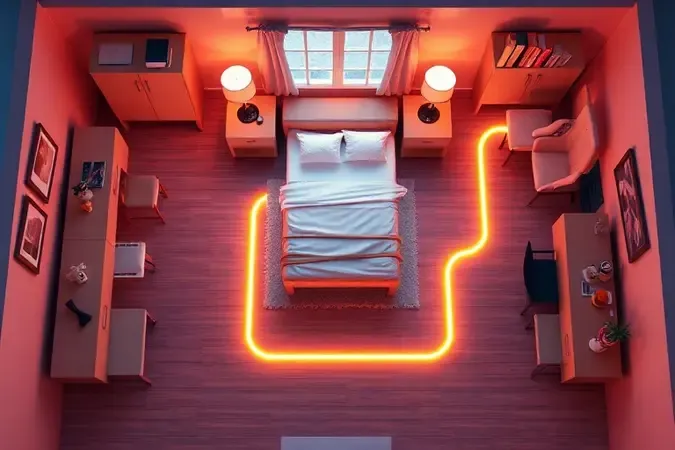 Diagrama 3D mostrando o espaço de circulação e movimento ideal ao redor de uma cama no quarto.